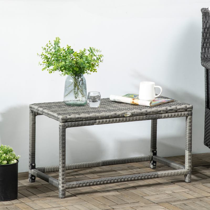 Outsunny Outdoor Coffee Table, Garden PE Rattan Side Table with Plastic Board Under the Full Woven Table Top and Rectangular Frame for Patio, Balcony, Mixed Grey