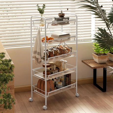 HOMCOM Five-Steel Mesh Basket Storage Trolley, with Wheels - White