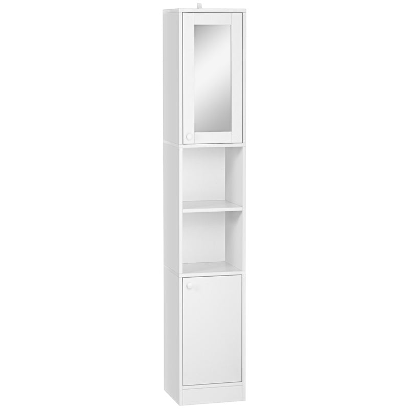 kleankin Tall Bathroom Storage Cabinet with Mirror, Narrow Bathroom Unit, Freestanding Bathroom Cupboard with Adjustable Shelves and 2 Doors, White