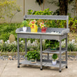 Outsunny Garden Potting Table with Storage, Workbench, Metal Top, Storage Shelves & Hooks for Patio, Courtyard, Wooden