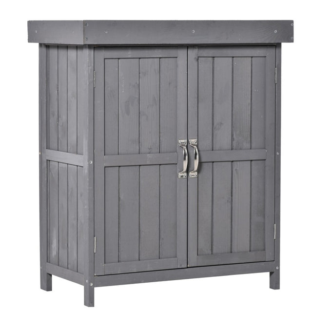 Outsunny Wooden Garden Storage Shed with Hinged Roof and Shelves, Outdoor Storage Cabinet Chest, Double Doors, 74 x 43 x 88cm, Grey