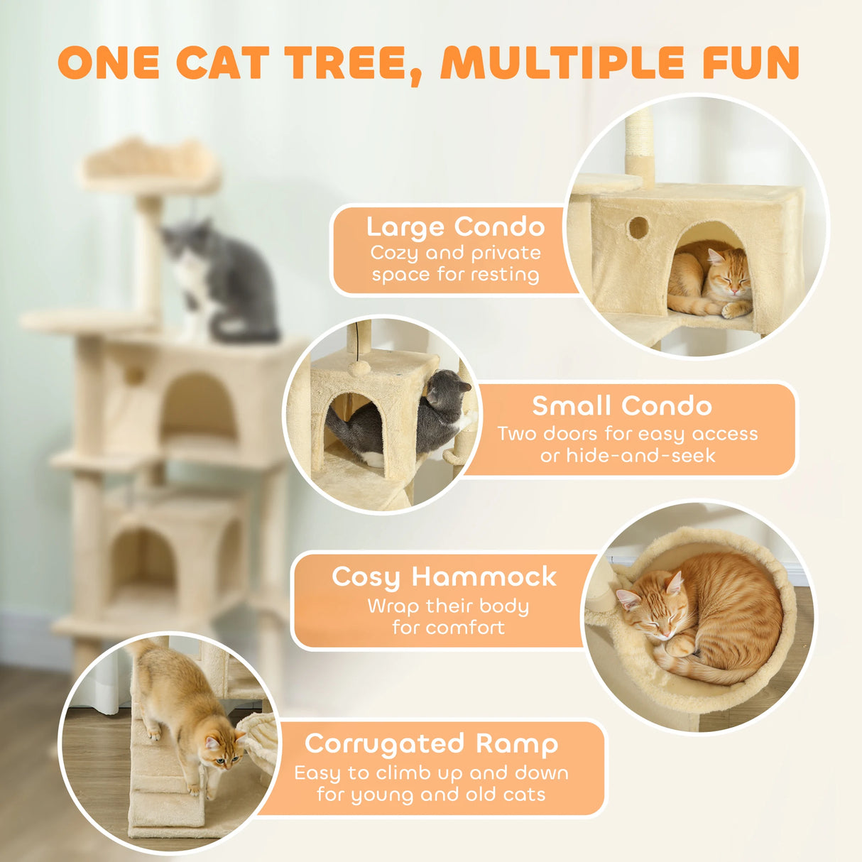 PawHut 140cm Large Cat Tree Tower with Sisal Scratching Posts, Condos, Plush Perches, Hammock, Ladder, Beige