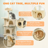 PawHut 140cm Large Cat Tree Tower with Sisal Scratching Posts, Condos, Plush Perches, Hammock, Ladder, Beige