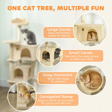 PawHut 140cm Large Cat Tree Tower with Sisal Scratching Posts, Condos, Plush Perches, Hammock, Ladder, Beige