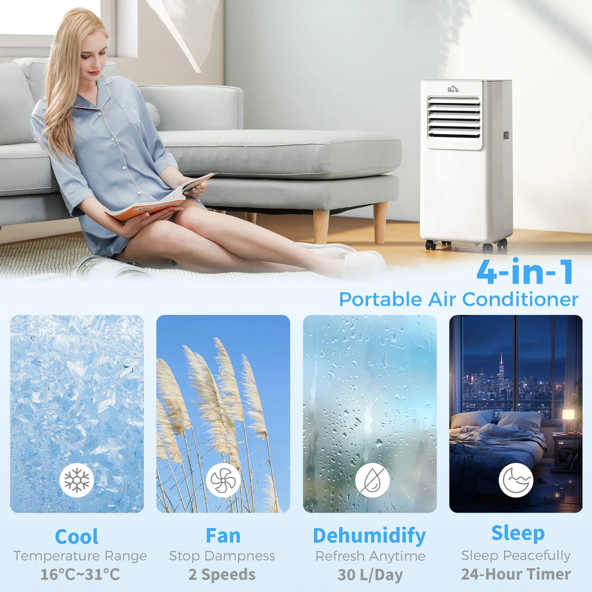 HOMCOM 7000 BTU Air Conditioning Unit, 3-in-1 Portable Air Conditioner, Dehumidifier, Cooling Fan with 2 Speeds, 24H Timer, Remote Control, LED Display, Window Venting Kit, 15m2