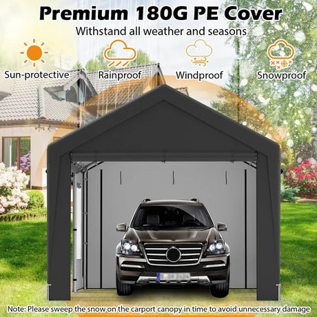 All-Weather Outdoor Car Shelter with 8 Removable Sidewalls and Roll-up Doors-Grey