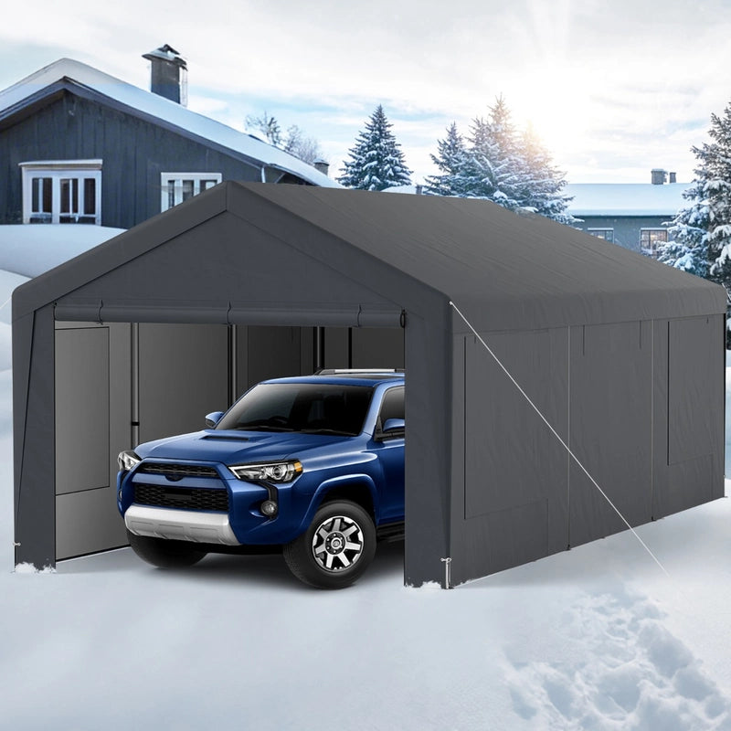 All-Weather Outdoor Car Shelter with 8 Removable Sidewalls and Roll-up Doors-Grey