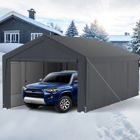 All-Weather Outdoor Car Shelter with 8 Removable Sidewalls and Roll-up Doors-Grey