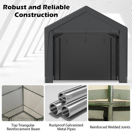 All-Weather Outdoor Car Shelter with 8 Removable Sidewalls and Roll-up Doors-Grey