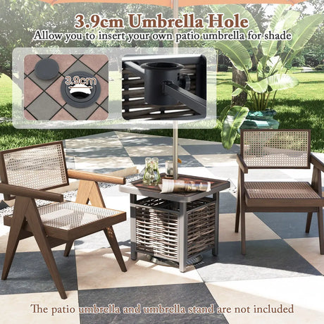 55cm Outdoor PE Rattan Side Table with Umbrella Hole and Metal Frame
