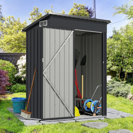 All Season Storage Shed Utility Tool Shed with Sloped Roof Opening Door Vents Galvanized Metal Frame Gray