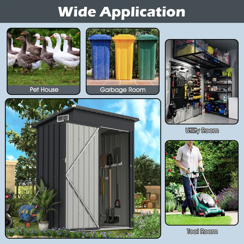 All Season Storage Shed Utility Tool Shed with Sloped Roof Opening Door Vents Galvanized Metal Frame Gray