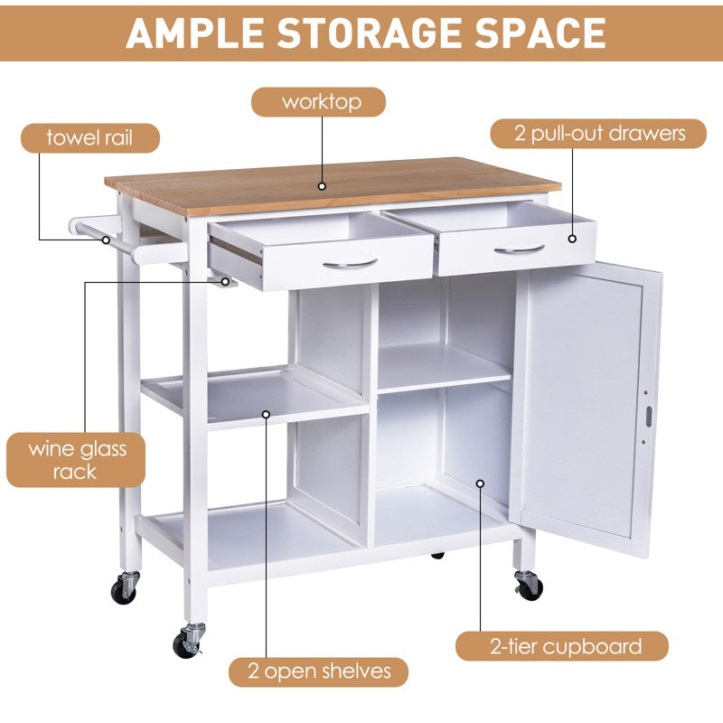 HOMCOM Kitchen Storage Trolley Cart Cupboard Rolling Wheels Shelves Cabinet Island W/ Drawers Towel Rail Wine Glass Rack Pine Wood Worktop  White