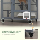 PawHut Cat House, Wooden Indoor Catio Cat Enclosure on Wheels, Wooden Kitty Cage with Platforms, Hammock, Light Grey
