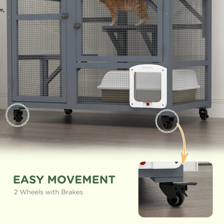 PawHut Cat House, Wooden Indoor Catio Cat Enclosure on Wheels, Wooden Kitty Cage with Platforms, Hammock, Light Grey