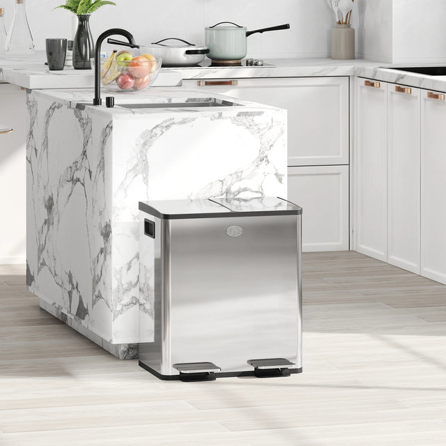 HOMCOM 40L Dual Compartment Stainless Steel Bin, with Deodoriser Holders - Silver Tone