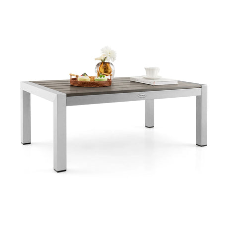 Modern Rectangular Patio Coffee Table with Plastic Wood Tabletop and Rustproof Aluminum Frame-Gray