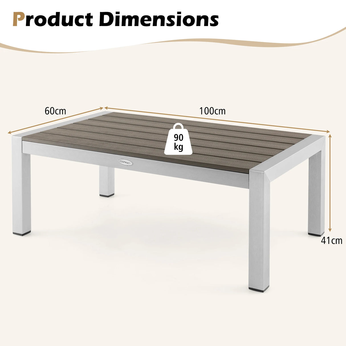 Modern Rectangular Patio Coffee Table with Plastic Wood Tabletop and Rustproof Aluminum Frame-Gray