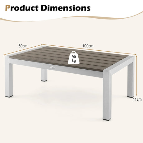 Modern Rectangular Patio Coffee Table with Plastic Wood Tabletop and Rustproof Aluminum Frame-Gray