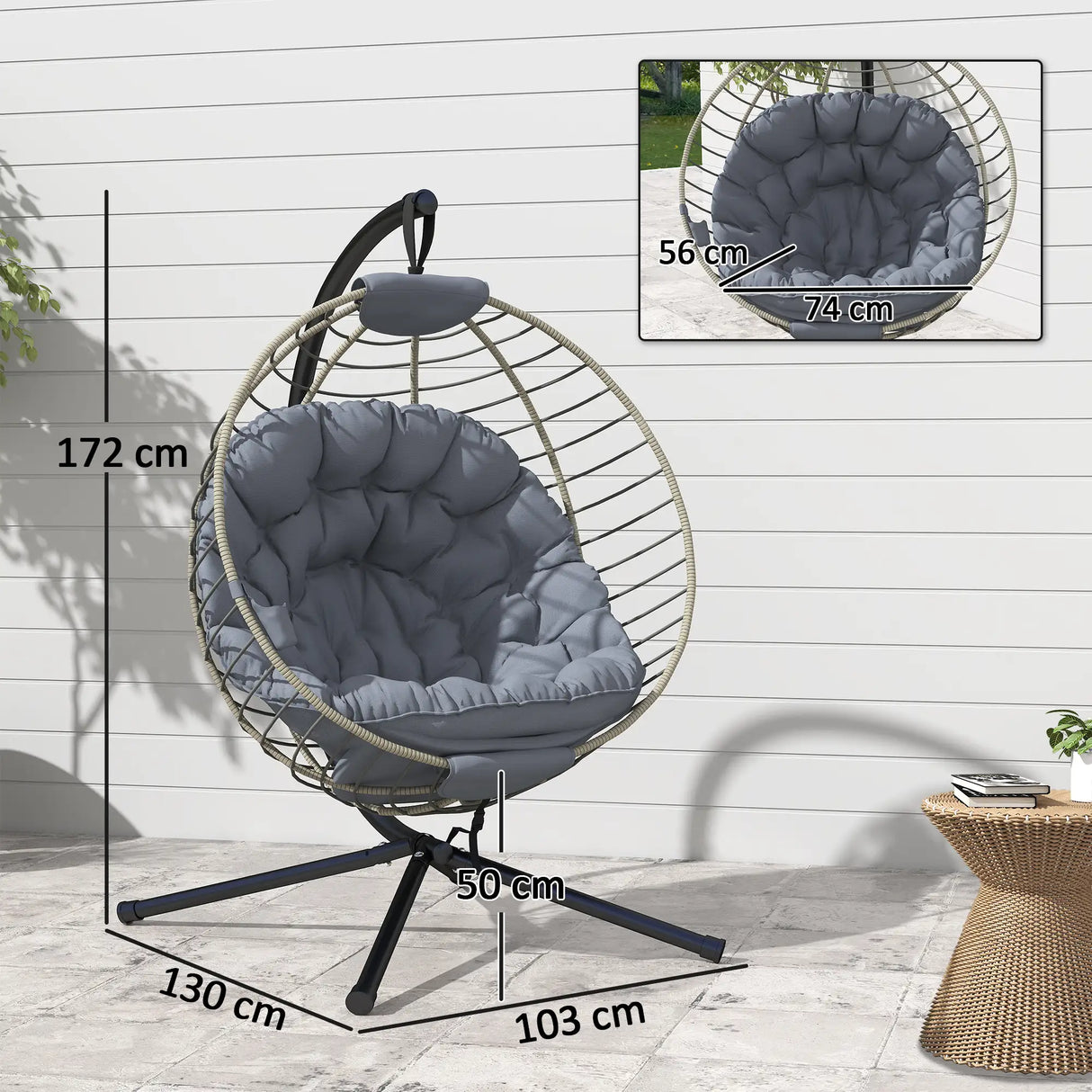 Outsunny PE Rattan Swing Chair, Outdoor Hanging Chair with Metal Stand, Thick Padded Cushion, Foldable Basket and Cup Holder, for Indoor and Outdoor, Grey