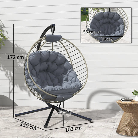 Outsunny PE Rattan Swing Chair, Outdoor Hanging Chair with Metal Stand, Thick Padded Cushion, Foldable Basket and Cup Holder, for Indoor and Outdoor, Grey