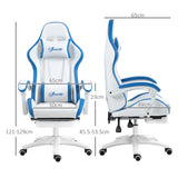 Vinsetto Computer Gaming Chair, PU Leather Office Desk Chair with Footrest, Swivel Wheels, 135 Reclining Back, Lumbar Support, Headrest for Home, White and Blue