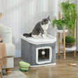 PawHut Cat House for Indoor Kittens, 2-Level Cat Cave Bed with Fluffy Balls, Top Bed, Kitten Barrel for Multi Kitties, Grey
