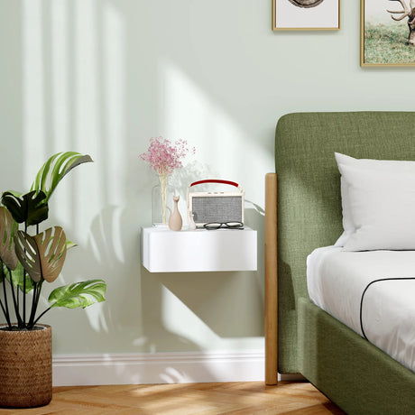 HOMCOM Floating Bedside Table, Wall-Mounted Nightstand with Storage Drawer, Small Side End Table for Bedroom, White