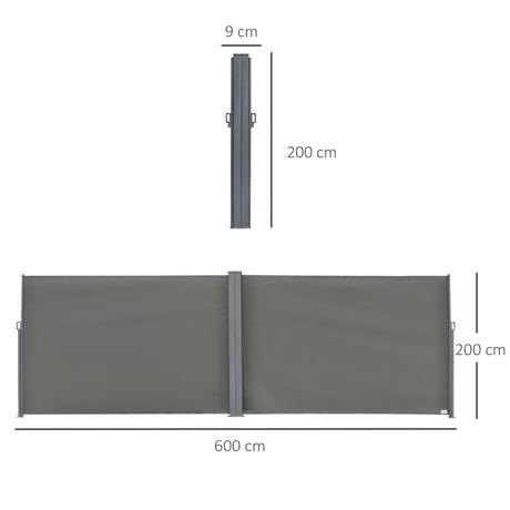 Outsunny 6 x 2m Retractable Sun Side Awning Screen Fence Patio Garden Wall Balcony Screening Panel Outdoor Blind Privacy Divider  Grey