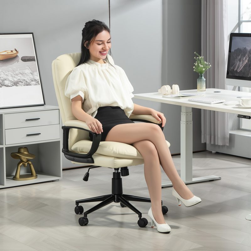 Vinsetto Office Chair, PU Leather Computer Desk Chair Office Chair with Adjustable Height and Swivel Rolling Wheels for Work Study, Cream White