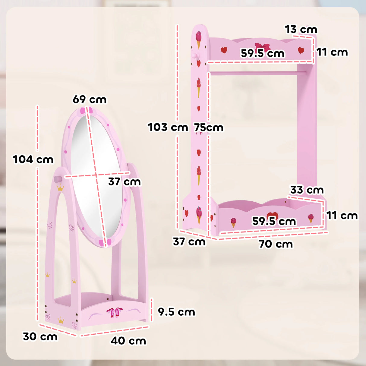 AIYAPLAY Kids Clothes Rail, Kids Dressing Mirror with 360 Rotating, 2 Piece Kids Furniture Set with Storage Shelves, Pink
