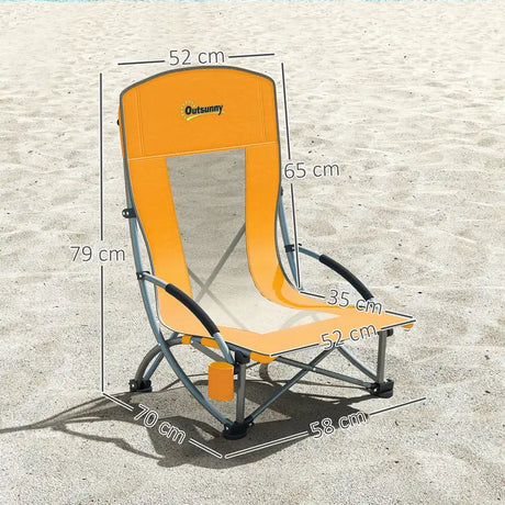 Outsunny Set of 2 Folding Beach Chair, Low Camping Chair with Mesh Back, Carry Bag and Cup Holder for Garden Outdoor Picnic Festival Travel, Orange