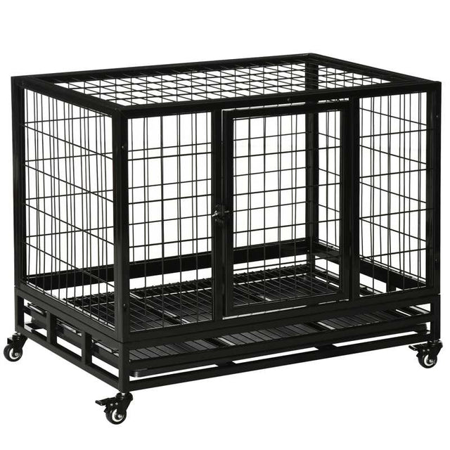 PawHut 38" Heavy Duty Metal Dog Crate Pet Cage with Tray Wheeled Dog Kennel - Black (Medium)