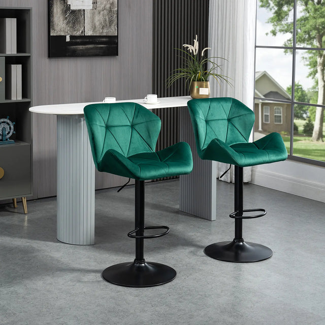 HOMCOM Bar Stools Set Of 2, Velvet-Touch Barstools with Metal Frame Footrest and Adjustable Height, Green