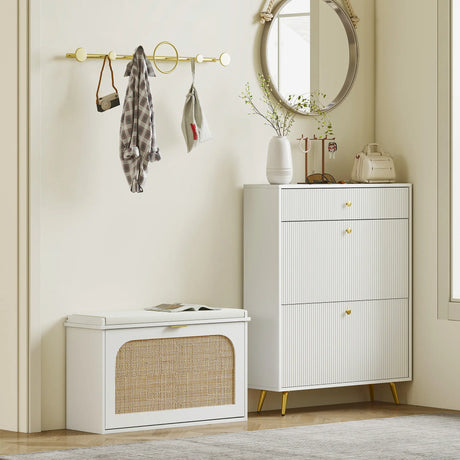 HOMCOM Boho Shoe Bench with Padded Seat and Flip-Drawer - White