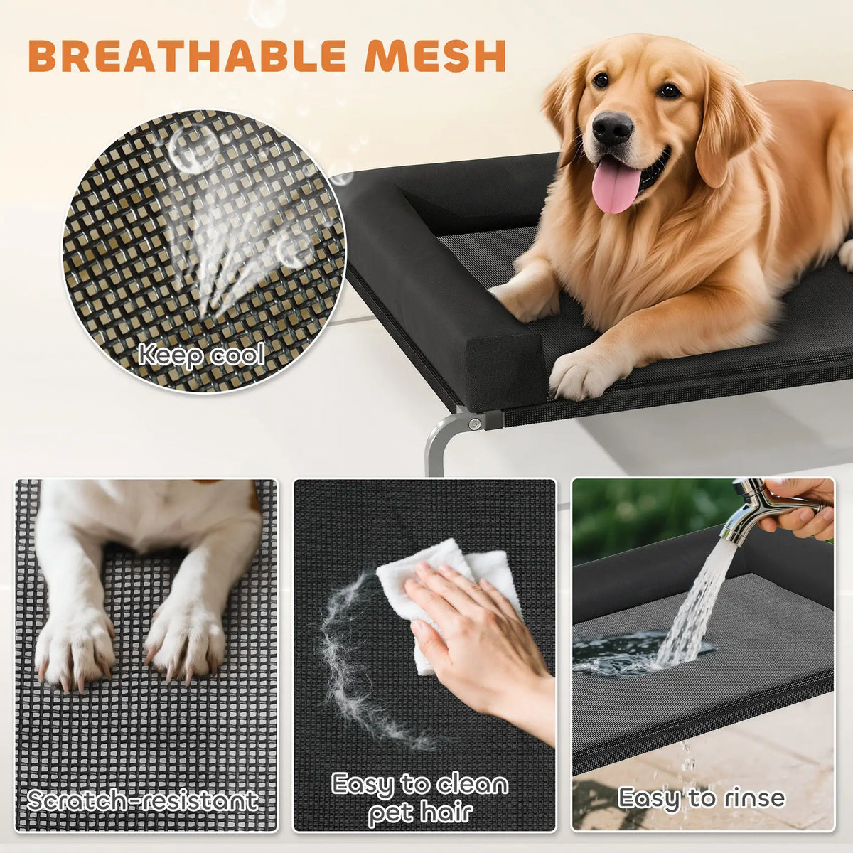 PawHut Elevated Dog Bed with Removable Bolsters, Raised Dog Bed for Large Breeds, Portable Indoor & Outdoor Pet Cots, Black