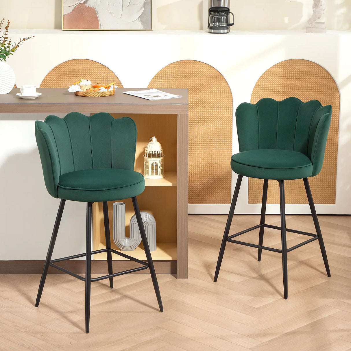 HOMCOM Set of Two Velvet-Feel Lotus Bar Stools - Dark Green