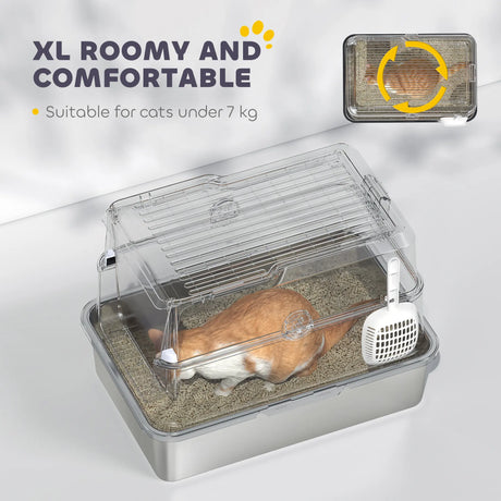 PawHut Extra Large Stainless Steel, Cat Litter Tray with Scoop, Flip Top