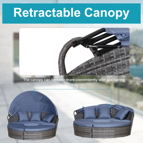Outsunny Outdoor PE Rattan Garden Furniture with Cushioned, Patio Wicker Conversation Furniture Set, Round Daybed with Retractable Canopy, Coffee Table and Three Pillows, Grey/Blue Grey
