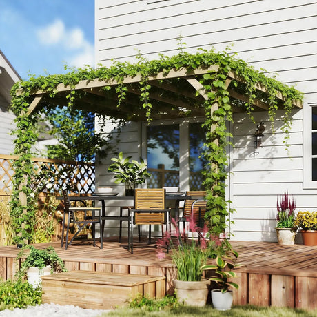 Outsunny Lean-To Wooden Pergola Kit, Decorative Garden Gazebo with Stable Structure and Concrete Anchors, 3 x 3 m, Light Brown