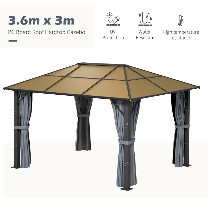 Outsunny 3 x 3.6m Garden Aluminium Gazebo Hardtop Roof Canopy Marquee Party Tent Patio with Mesh Curtains & Side Walls - Grey