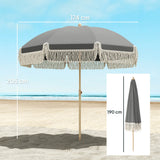 Outsunny 1.7 m Beach Umbrella with Sand Anchor, 30 Tilting Fringed Beach Garden Parasol with Adjustable Height, Grey