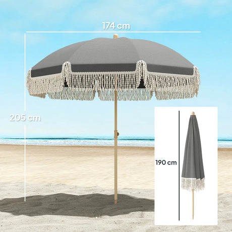 Outsunny 1.7 m Beach Umbrella with Sand Anchor, 30 Tilting Fringed Beach Garden Parasol with Adjustable Height, Grey