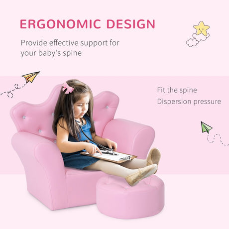 HOMCOM Children Kids Sofa Set Armchair Chair Seat with Free Footstool PU Leather for Girls 58L x 40.5W x 49H cm Pink