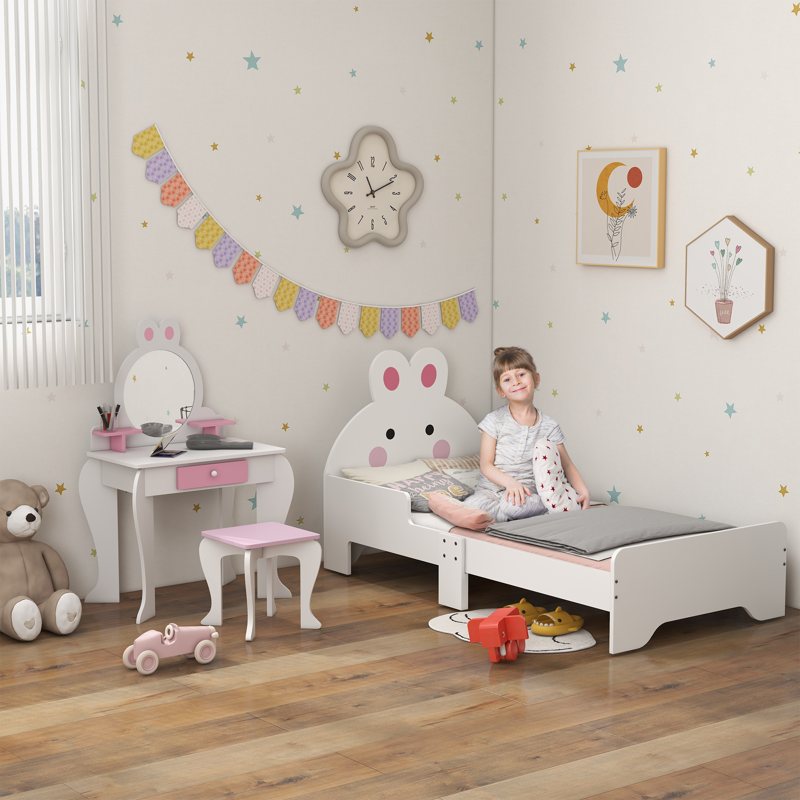 ZONEKIZ Wooden Kids Bedroom Furniture Set with Kids Dressing Table, Stool, Bed, for 3-6 Years, Bunny-Design