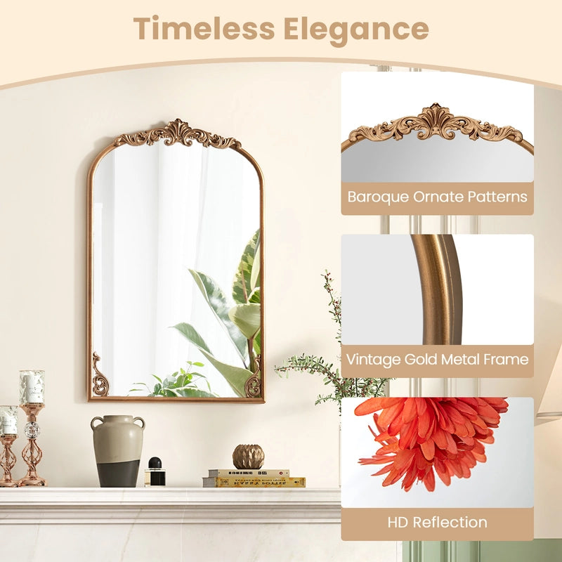 Arched Mirror for Wall Gold Traditional Vintage Ornate Baroque Mirror with Metal Frame-S