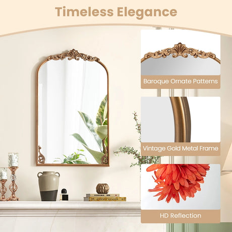 Arched Mirror for Wall Gold Traditional Vintage Ornate Baroque Mirror with Metal Frame-S