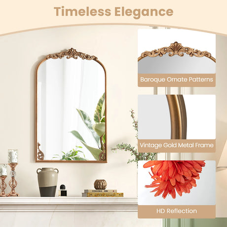 Arched Mirror for Wall Gold Traditional Vintage Ornate Baroque Mirror with Metal Frame-S