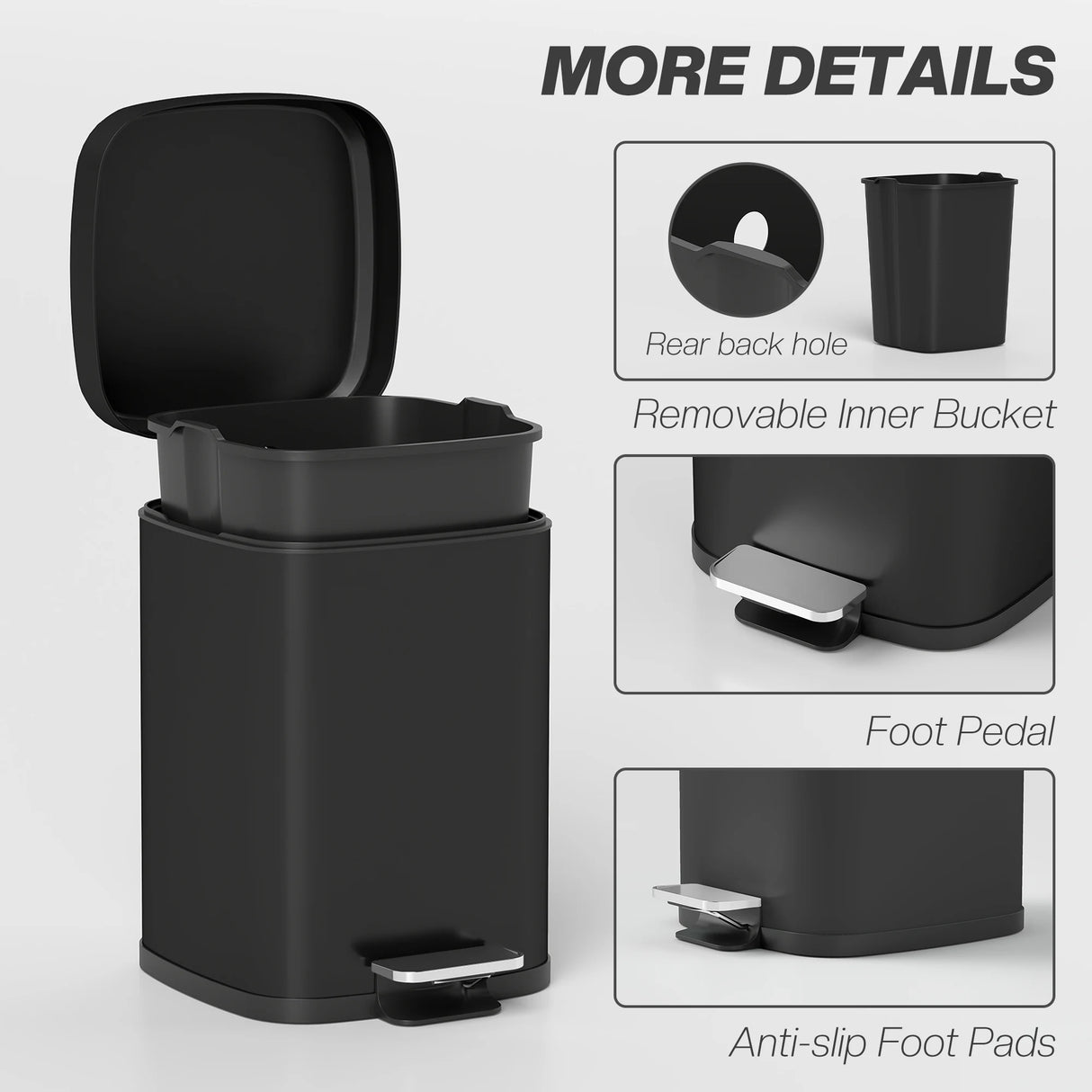 HOMCOM 12L Modern Boxy Metal Home Kitchen Bin - Black