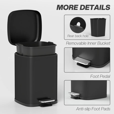 HOMCOM 12L Modern Boxy Metal Home Kitchen Bin - Black